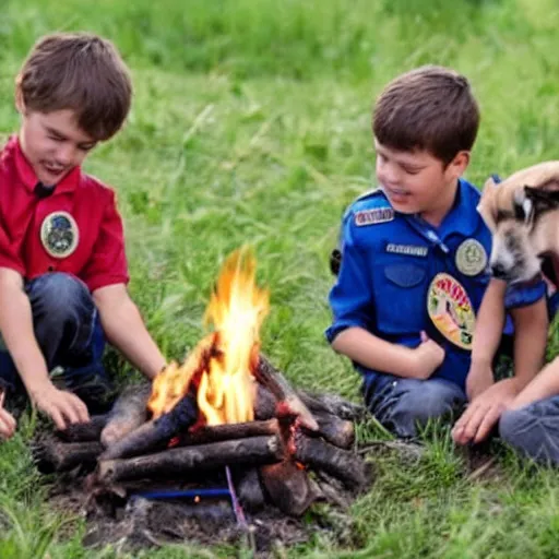 Prompt: puppies that are Boy Scouts building a campfire