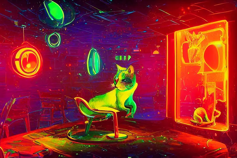 Image similar to a digital art of a cat sits on a chair in a luminous disco bar, animal, light effect, highly detailed, by anton fadeev