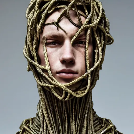 Image similar to a portrait of a beautiful young male wearing an alexander mcqueen armor made of cables , photographed by andrew thomas huang, artistic