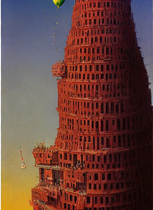 Image similar to tower of babel with birthday baloons Edward Hopper and James Gilleard, Zdzislaw Beksinski highly detailed