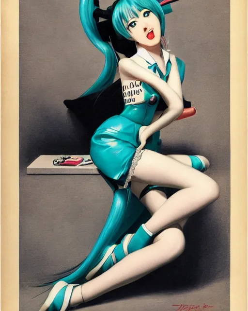 Image similar to hatsune Miku by Gil Elvgren and Enoch Bolle