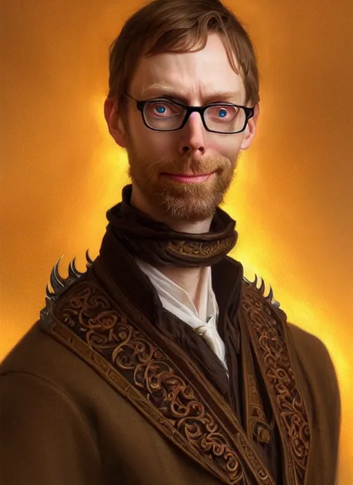 Image similar to portrait of stephen merchant, d & d, lanky! fantasy, intricate, elegant, highly detailed, digital painting, artstation, concept art, smooth, sharp focus, illustration, art by artgerm and greg rutkowski and alphonse mucha