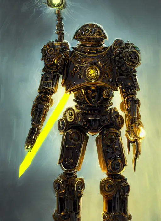 Image similar to full body, attack position abstract portrait of a intricate ornate holy mechanical warforged with circular glowing eye, character in yellow armor holding a paladin engraved great longsword drawn and carrying a big paladin shield, vertically flat head, face in focus, pit droid, epic , trending on ArtStation, masterpiece, cinematic lighting, by Ross Tran and by Greg Rutkowski