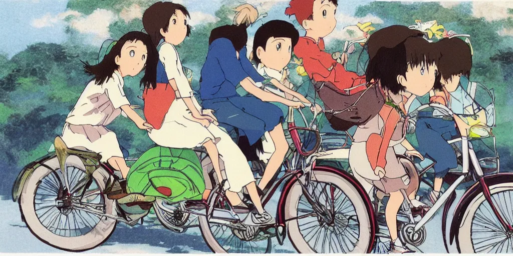 Image similar to three people share a bike, front and rear seats, lovely, by hayao miyazaki