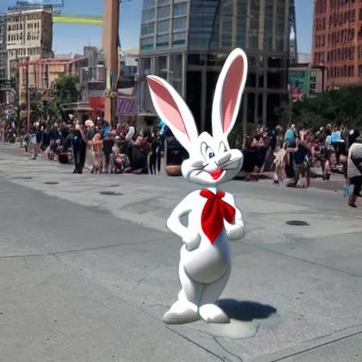 Image similar to bugs bunny 2040s street performer