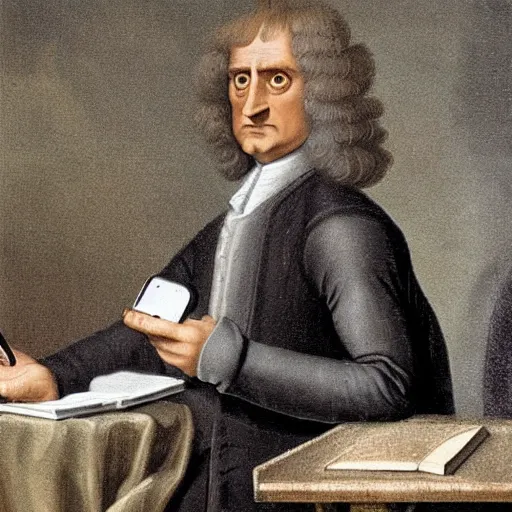 Image similar to isaac newton using a smartphone, very detailed face