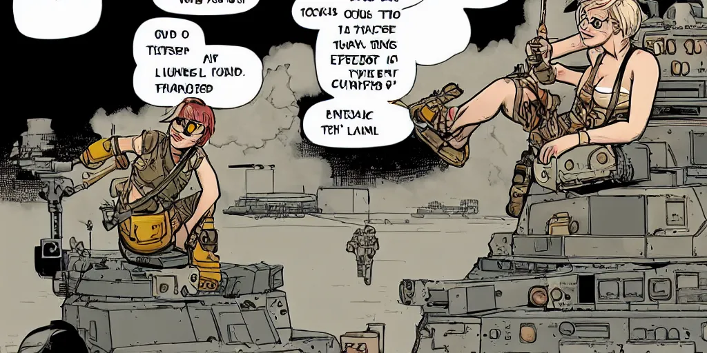 Prompt: tank girl sitting on top of the tank, holding a granite luncher. smiling. laurie greasley,