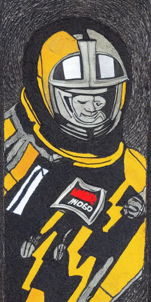 Image similar to A portrait of Lando Norris in a a suit of armor with racing patches on it by William Blake