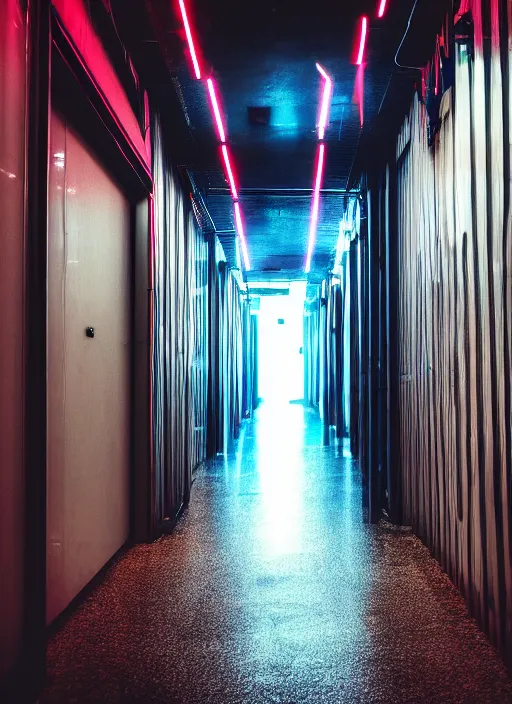 Image similar to a view of a dark corridor with cyberpunk neon lights, depth of field photo by yi insang, unsplash, video art, 8 k wallpaper, cinematic view