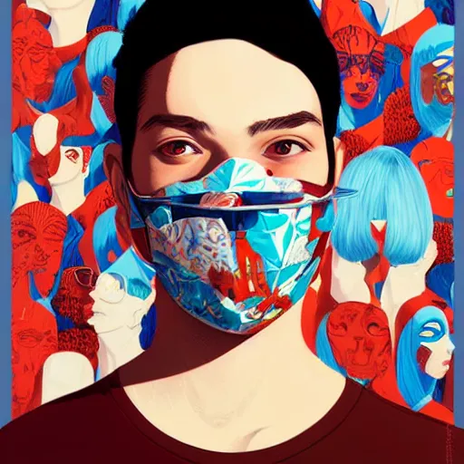 Image similar to Fashion weak portrait of people with sanitary mask, Tristan Eaton, artgerm, Victo Ngai, RHADS, ross draws