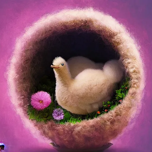 Image similar to long shot of a very fluffy wool chick nesting in a floral cup, esao andrews, by m. w. kaluta, humorous illustration, hyperrealistic, tilt shift, warm colors, night scenery, low light, 3 d octane render, 4 k, volumetric lights, smooth, cosy atmosphere, conceptart, hyperdetailed, trending on deviantart