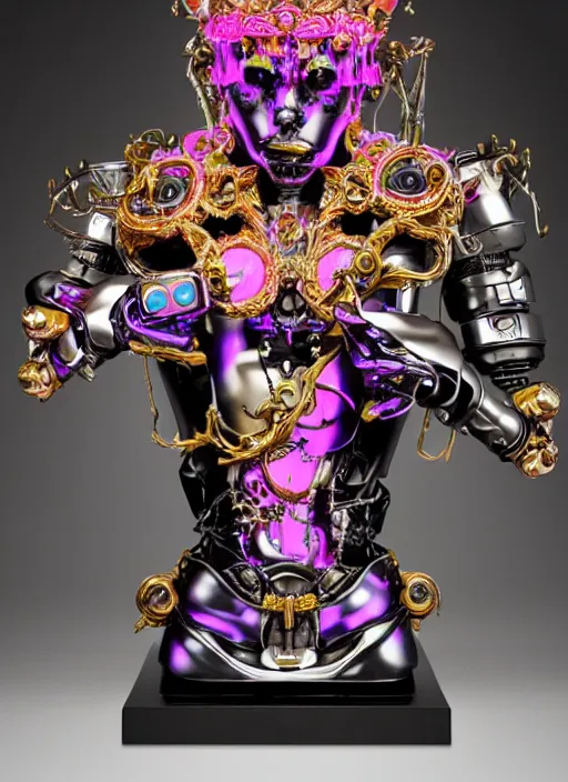 Image similar to full-body baroque and cyberpunk style sculpture of a young seductive Hispanic prince half android with a chest exposing a glowing gemstone battery and a CRT monitor face, glowing pink seductive laser eyes, crown of blue gears and diamonds, swirling salmon-colored silk fabric, robotic raptors dinosaurs. baroque elements. full-length view. intricate artwork by caravaggio. art by Artgerm and Greg Rutkowski and Alphonse Mucha and Tooth Wu and Beeple, Trending on artstation, cinematic industrial lighting, hyper realism, octane render, 8k, depth of field, 3D