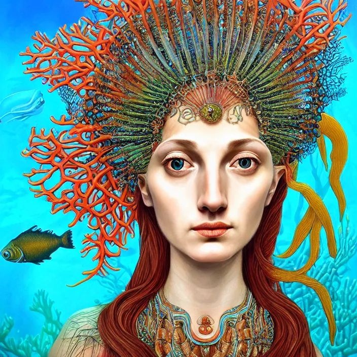 Image similar to realistic detailed face portrait of the goddess of the fish of the three times with an intricate headdress of corals, sea kelp, sea plants, fish, jellyfish, art by archimboldo, and face in focus, neo - gothic, gothic,