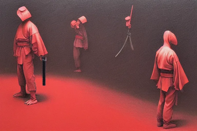 Image similar to only with red, a red samurai harakiri, tokio, a lot of frogs watch, in the style of beksinski, parts by edward hopper, parts by rodcenko, parts by yue minjun, intricate and epic composition, red by caravaggio, insanely quality, highly detailed, masterpiece, red light, artstation, 4 k