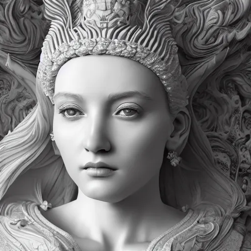 Prompt: wonderful princess made of marble, beautiful face, hyper detailed, flowing background intricate and detailed, ornate 8 k gorgeous intricate detailed, octane render, black and white