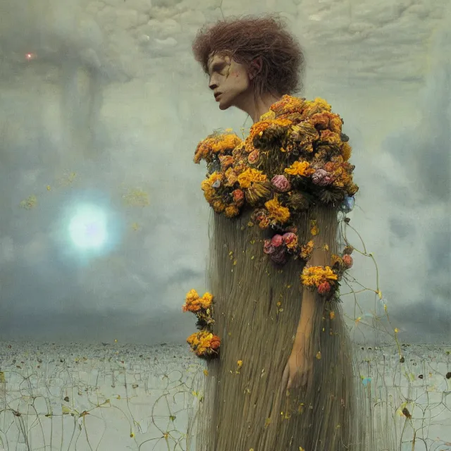 Image similar to A woman wearing clothes made out of thunder clouds and flowers, people floating in the sky, apocalypse, yellow skin, Masterpiece, glowing, wires everywhere, by Edgar Maxence and Ross Tran, Zdzisław Beksiński, and Michael Whelan, distant, gustav dore, H.R. Giger, 8k, octane render