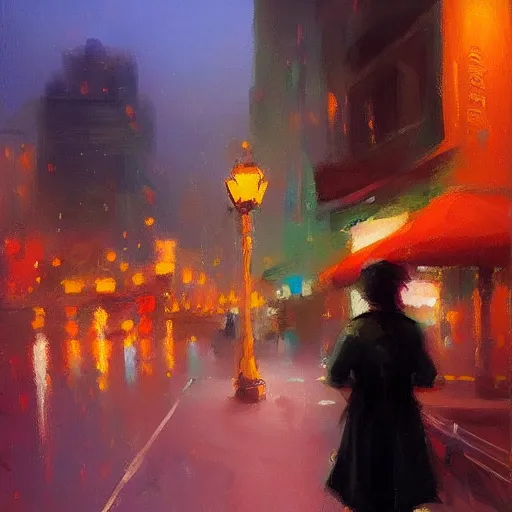 Prompt: aesthetic! stunning portrait of a woman in a serene san francisco streetscape at night by antoine blanchard, artstation, art - deco, cinematic lighting