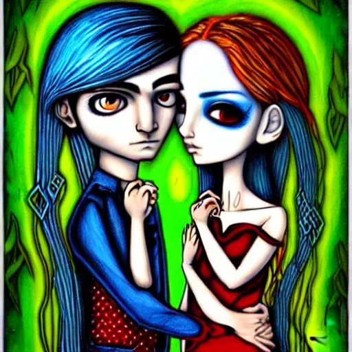 Prompt: perfectly centered symmetrical split male and female portrait of man and woman in love sharing one heart. art by jasmine becket griffith