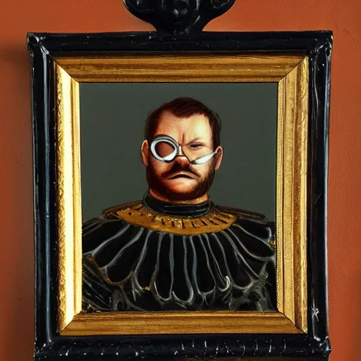 Image similar to garfield in a black armour, in front of a mirror in the style of an old painting