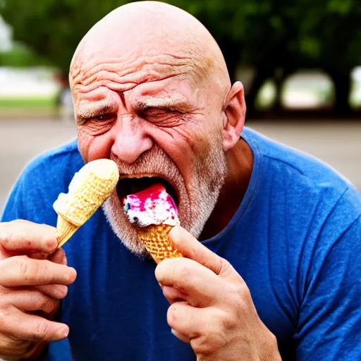 Image similar to very old wrinkly bald guy angrily eating an ice cream cone