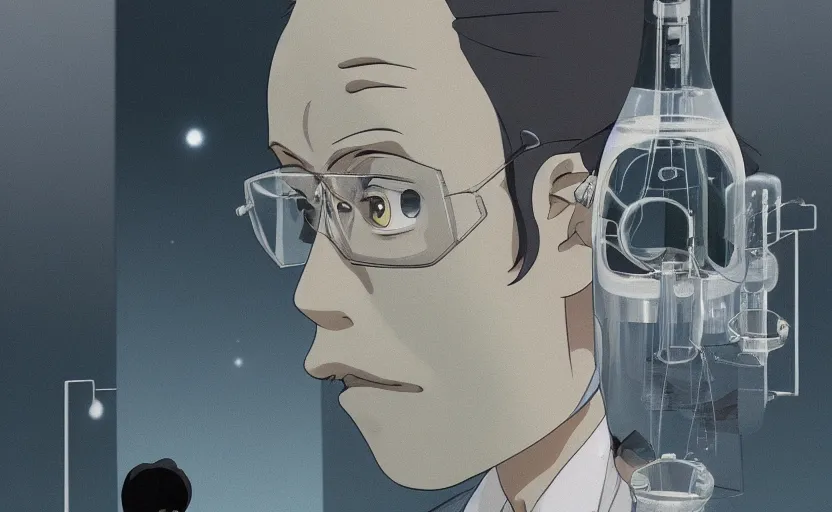 Prompt: a film still portrait of a nerdy scientist in a hallway cubic buble, finely detailed features, closeup at the faces, perfect art, grimdark, trending on pixiv fanbox, painted by studio ghibli