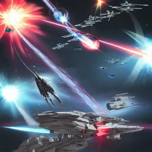 Image similar to science - fiction space battleship in combat, laser beams, explosions, space, planets, grimdark style