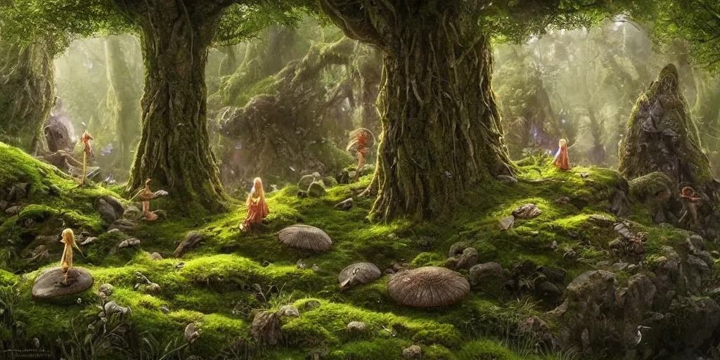 Prompt: fairies in the shire scenery landscape, lord of the rings, stone monoliths, mushroom structures,, moss, fireflies, highly detailed, vivid color, perfect lighting, perfect composition, 8 k, brian froud, artgerm, derek zabrocki, greg rutkowski