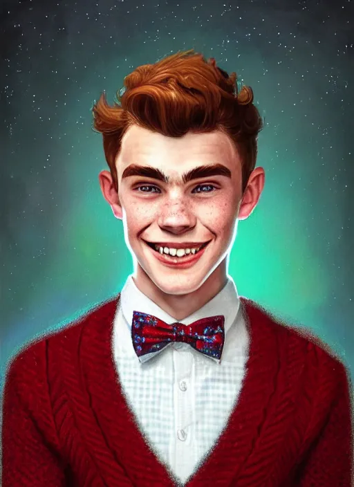 Image similar to portrait of teenage archie andrews, freckles, curly middle part haircut, curly hair, middle part hairstyle, smiling kindly, wearing a bowtie and sweater vest, intricate, elegant, glowing lights, highly detailed, digital painting, artstation, concept art, smooth, sharp focus, illustration, art by wlop, mars ravelo and greg rutkowski