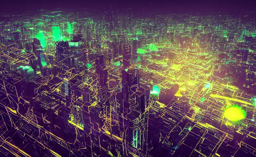 Image similar to macro view of a giant of 1 km of hight walking on the big city, tron, close up bokeh hiperrealistic neon glow darkness dramatic neon, sharp focus, octane render, imax