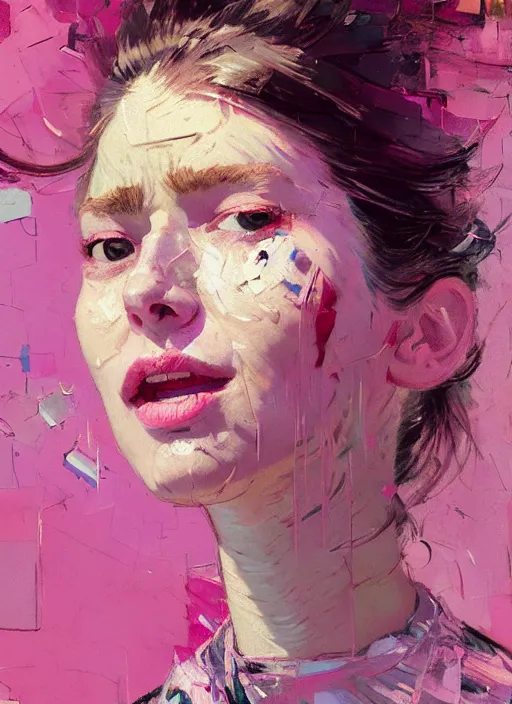 Prompt: portrait of a beautiful girl, smiling, ecstatic, eyes closed, open mouth, shades of pink, beautiful face, rule of thirds, intricate outfit, spotlight, by greg rutkowski, by jeremy mann, by francoise nielly, by van gogh, digital painting