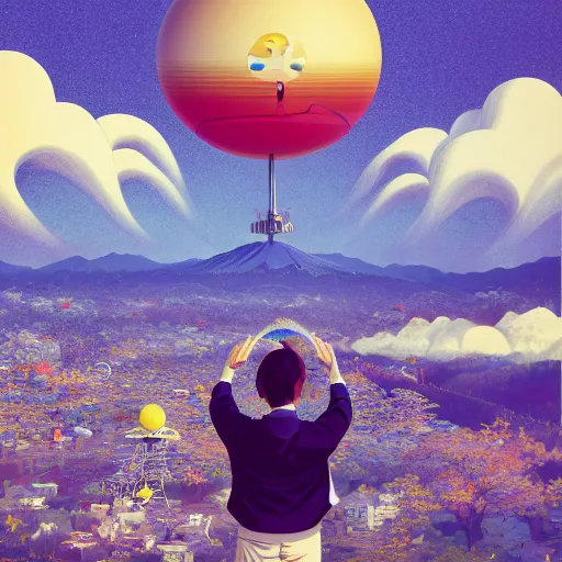 Image similar to a man walking on clouds away from the camera above kyoto by takashi murakami, beeple and james jean, aya takano color style, 4 k, super detailed, modern, 4 k, symmetrical