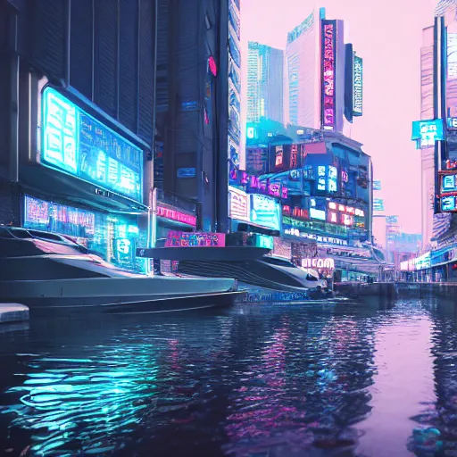 Image similar to cyberpunk flooded rainy south korea, seoul, boat, reflections, cinematic lighting, photorealistic, trending on artstation, storefronts made of neon lights, hyper realistic rendering photography, unreal 5 engine render, ultra wide angle, long shot, 8 k