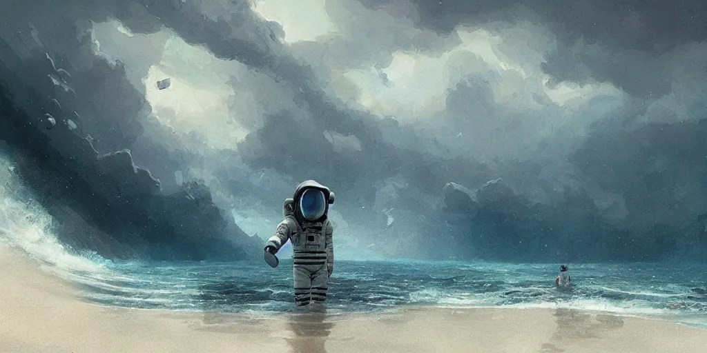 Image similar to an astronaut waist deep in the ocean,digital art,detailed,ultra realistic,art by greg rutkowski