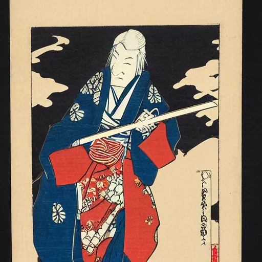 Prompt: Japanese woodblock print of geralt of rivia holding a samurai sword , cherry blossom, Hokusai