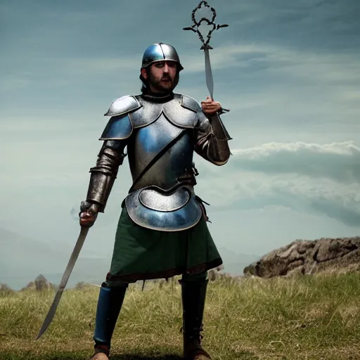 Prompt: an olive skinned, brave, medieval knight with a blue cloth tunic over chainmail. he has green pants and black leather belt and a coin pouch. in his left hand he is holding a blue shield with fleur - de - lis symbols and raising a short sword in the other. he is engaged in an epic gladiator battle. game of thrones, realistic, photograph by new york times
