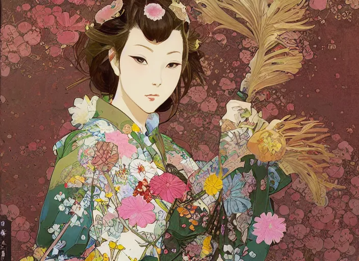 Image similar to oil painting, long shot, beautiful floralpunk japanese bio mechanical female illustration detailed patterns art of japan traditional dress, flower pop art, floral splash painting, art by ashley wood, alphonse mucha, makoto shinkai, geof darrow, dark shadow