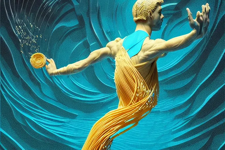 Prompt: olympic diver made of pasta diving into a pool of pasta, splash, art deco intricate ripples, fantasy, elegant, highly detailed, sharp focus, art by artgerm and beeple and greg rutkowski and wlop