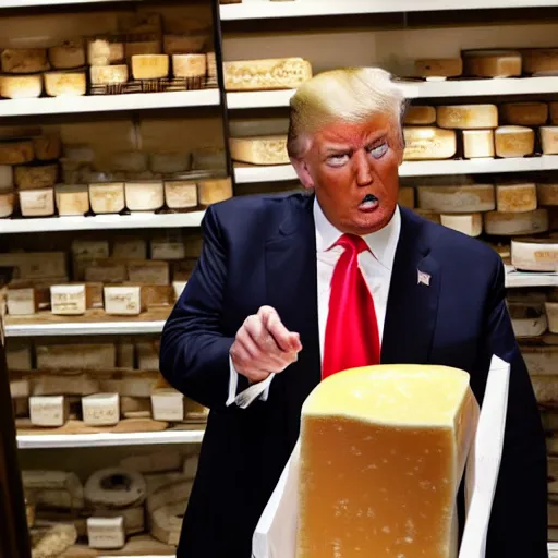 Prompt: Donald Trump stealing cheese from a cheese specialty store