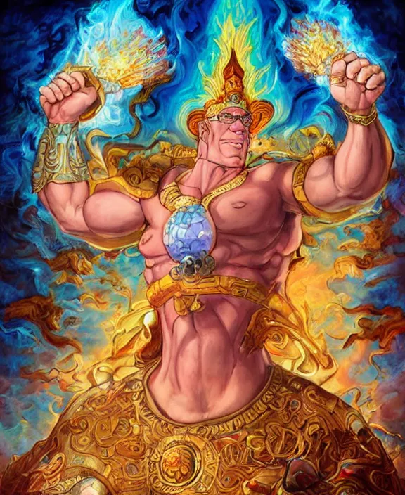 Image similar to hank hill as the god of propane, blue flames, magic realism, art by mike judge, art by josephine wall, art by huang guangjian, art by viktoria gavrilenko, art by amanda sage, trending on artstation