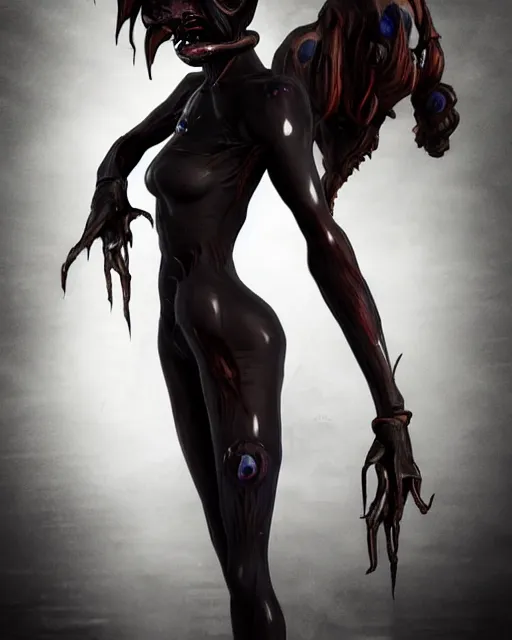 Image similar to dark full body painting of tracer from overwatch, in style of zdzisław beksinski, scary, horror, 4 k, feminine facial features, overwatch tracer character, horror, body horror, disturbing, detailed face, dressed in dark garment, black tendrils, tall, long legs,