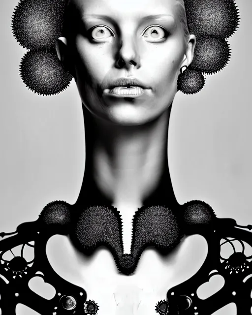 Image similar to black and white photo portrait of complex biomechanical young female cyborg with a mandelbrot fractal face, silver hair, 150 mm lens, soft rim light, fine foliage super big lace collar, Alexander McQueen, high fashion, haute couture, rococo, steampunk, silver filigree details, anatomical, facial muscles, cable wires, microchip, elegant, hyper realistic, octane render, unreal engine, by Man Ray and Dora Maar, volumetric lighting, 8k,