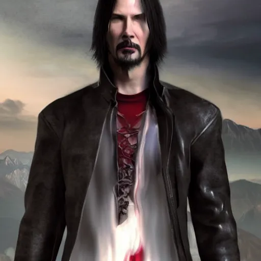 Image similar to Fusion of Dante from Devil May Cry and Keanu Reeves, film still, photorealistic