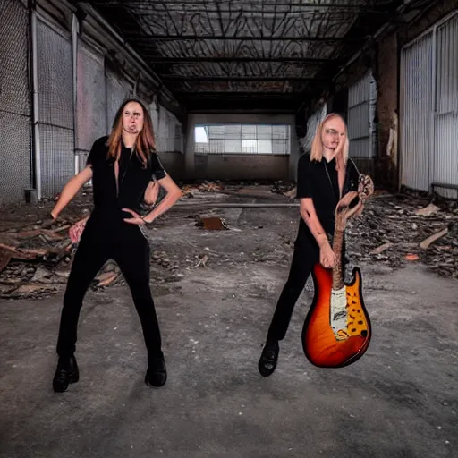 Prompt: two electric guitar players in jumpsuits, playing death metal in an abandoned warehouse