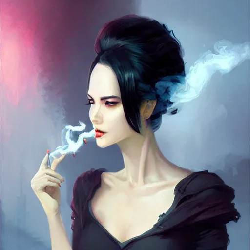 Image similar to Elegant woman with black hair, smoke around her, high detail, concept art background by john harris + andreas rocha, artwork by charlie bowater + artgerm + anato finnstark + ross tran