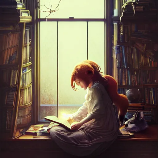 Image similar to Portrait of a girl in cluttered windowed study, reading a book while light streams in through the skylight, her pet fox sleeping beside her, fantasy, intricate, elegant, highly detailed, digital painting, artstation, concept art, smooth, sharp focus, illustration, art by Krenz Cushart and Artem Demura and alphonse mucha