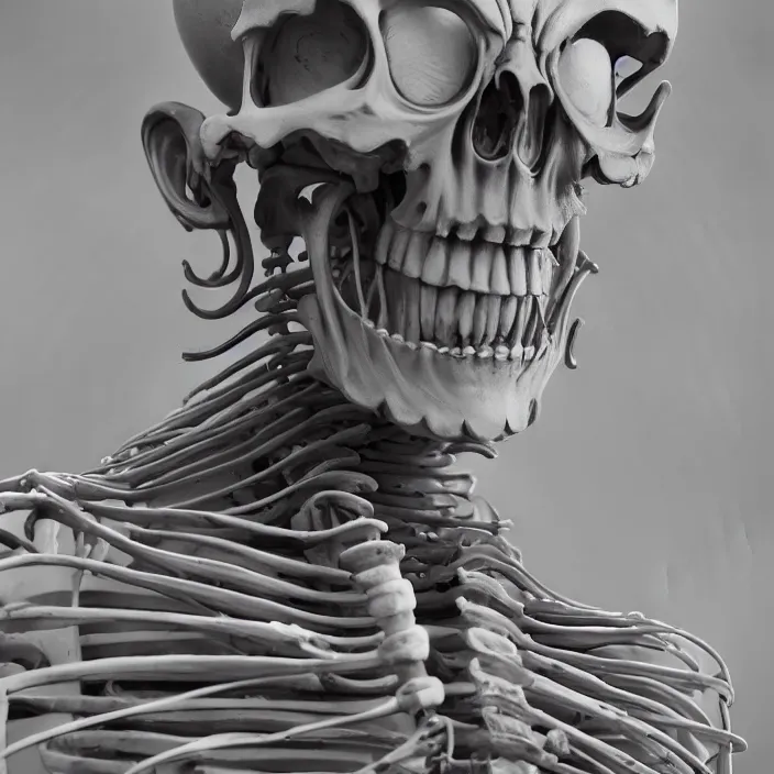 Prompt: portrait of relaxed Buddhist Monk as skeleton. intricate abstract. intricate artwork. by Tooth Wu, wlop, beeple, dan mumford. octane render, trending on artstation, greg rutkowski very coherent symmetrical artwork. cinematic, hyper realism, high detail, octane render, 8k, matte accents