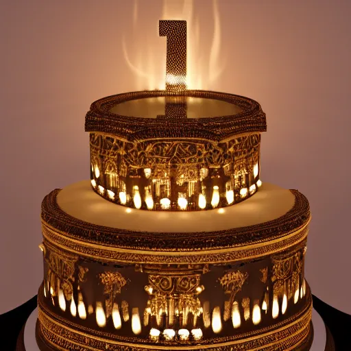 Image similar to epic view of a giant birthday cake with lit candles, cake, candles, 4 k, hyperdetailed, hyperrealistic, trending on artstation, ornate, elegant, dramatic lighting