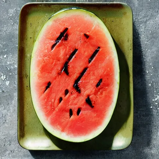 Prompt: grilled watermelon with mustard on top