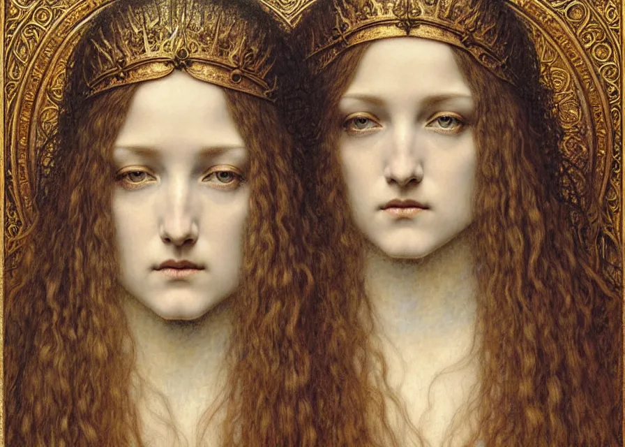 Image similar to detailed realistic beautiful young medieval queen face portrait by jean delville, gustave dore and marco mazzoni, art nouveau, symbolist, visionary, gothic, pre - raphaelite. horizontal symmetry