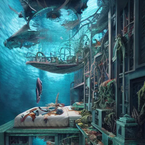 Image similar to underwater spy mansion, grand obsessive compendium. intricate artwork, by tooth wu, wlop, beeple, dan mumford. concept art, octane render, trending on artstation, greg rutkowski very coherent symmetrical artwork. cinematic, key art, hyper realism, high detail, octane render, 8 k, iridescent accents